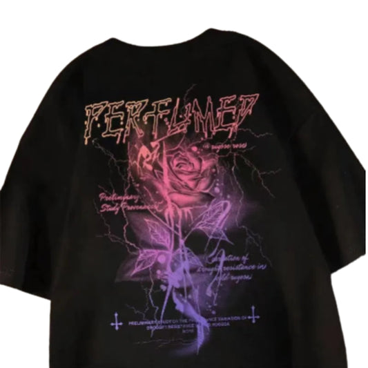 Rose Graphic Streetwear Cotton Blend T-Shirt With Edgy Urban Artwork
