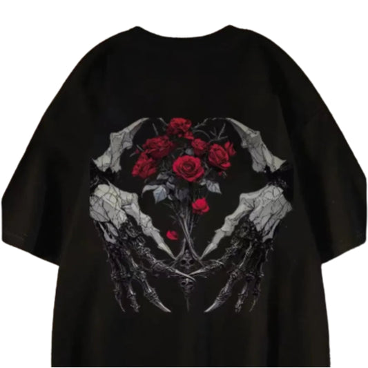 Vintage Skull Graphic Streetwear Cotton T-Shirt With Rose Artwork Design