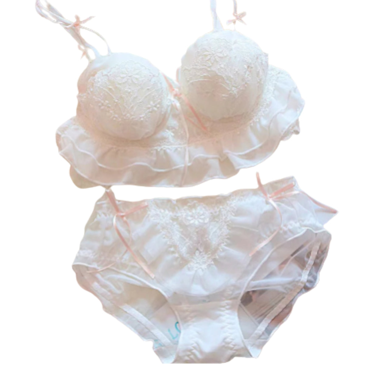 Sweet Peach Ruffled Wire-Free Bralette and Panty Set with Floral Embroidery