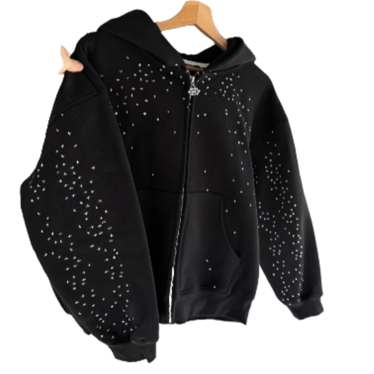 Oversized Rhinestone Graphic Zip-Up Hoodie with Streetwear Inspired Design