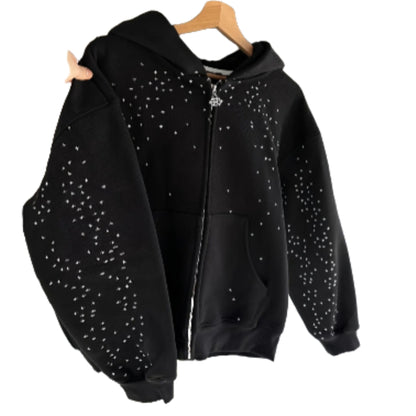 Oversized Rhinestone Graphic Zip-Up Hoodie with Streetwear Inspired Design