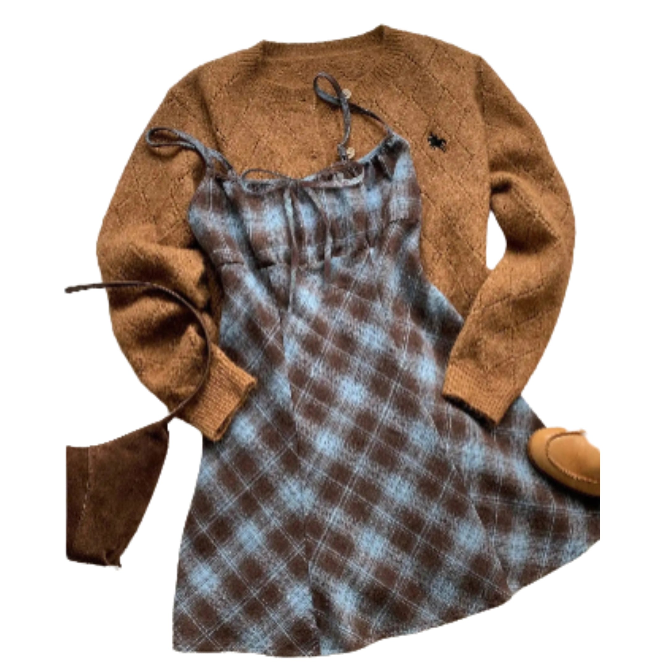Plaid Square Neck Strap Mini Dress with Bow Detail and A-Line Fit