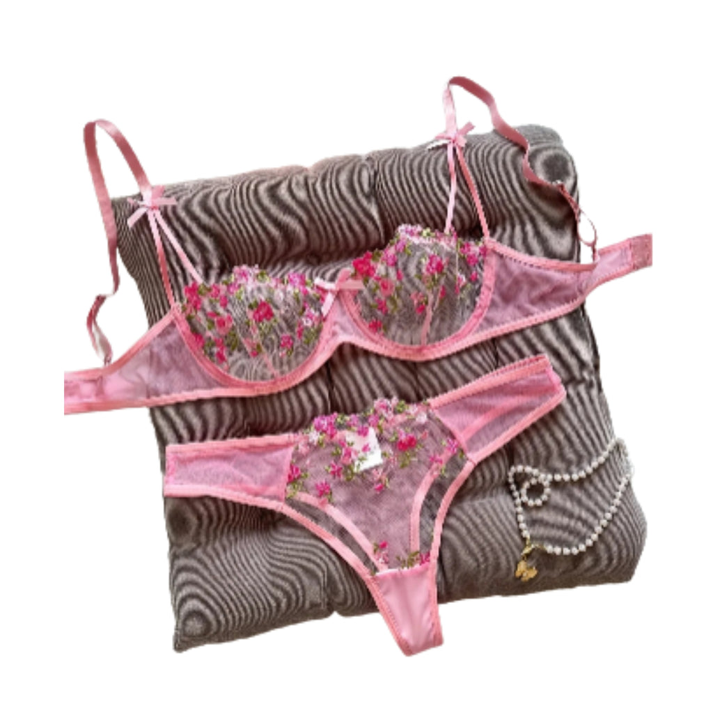 Vibrant Floral Rose Embroidery Sheer Underwire Lingerie Set