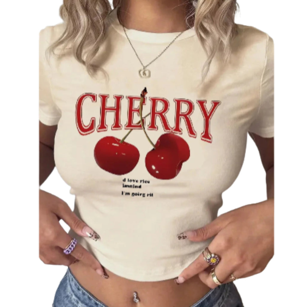 Women's Cherry Graphic Baby Crop Top for Casual Y2K Streetwear Everyday Fashion Style