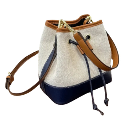 Contrast Panel Bucket Crossbody Shoulder Bag with Drawstring Closure