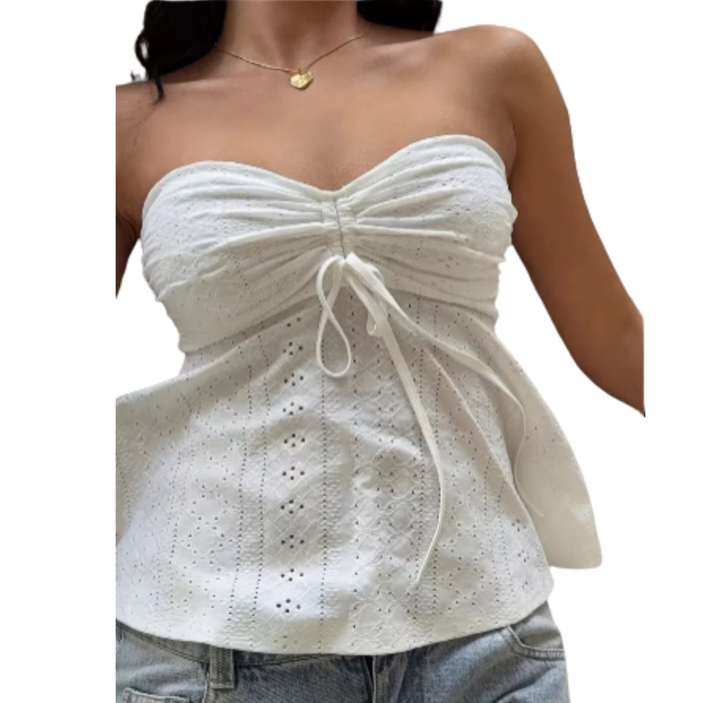 Strapless Drawstring Peplum Crop Top with Keyhole Detail Contemporary Style