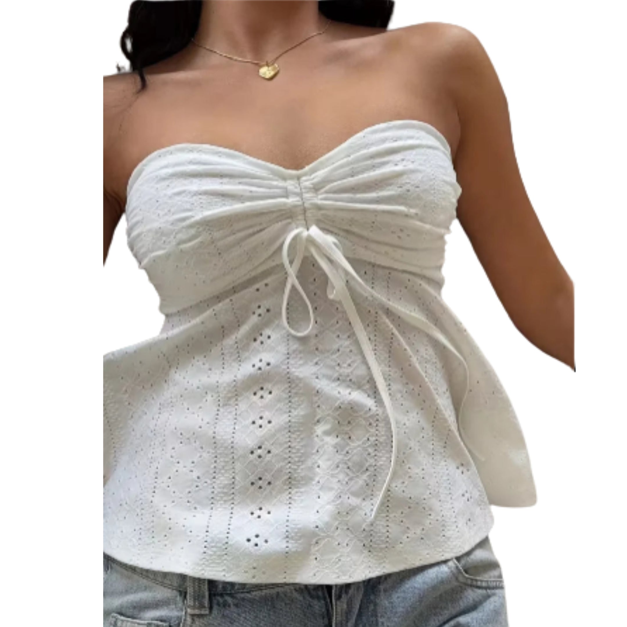 Strapless Drawstring Peplum Crop Top with Keyhole Detail Contemporary Style