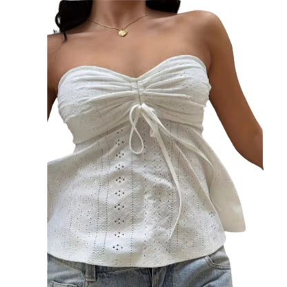 Strapless Drawstring Peplum Crop Top with Keyhole Detail Contemporary Style