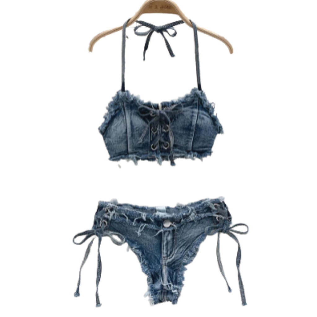 Y2K-Inspired Frayed Denim Halter Bikini Top and Lace-Up Short Set