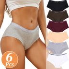 6-Piece Women’s Cotton Mid-Rise Bikini Briefs Set with Soft Stretch Fabric, Elastic Waistbands and Assorted Solid Colors