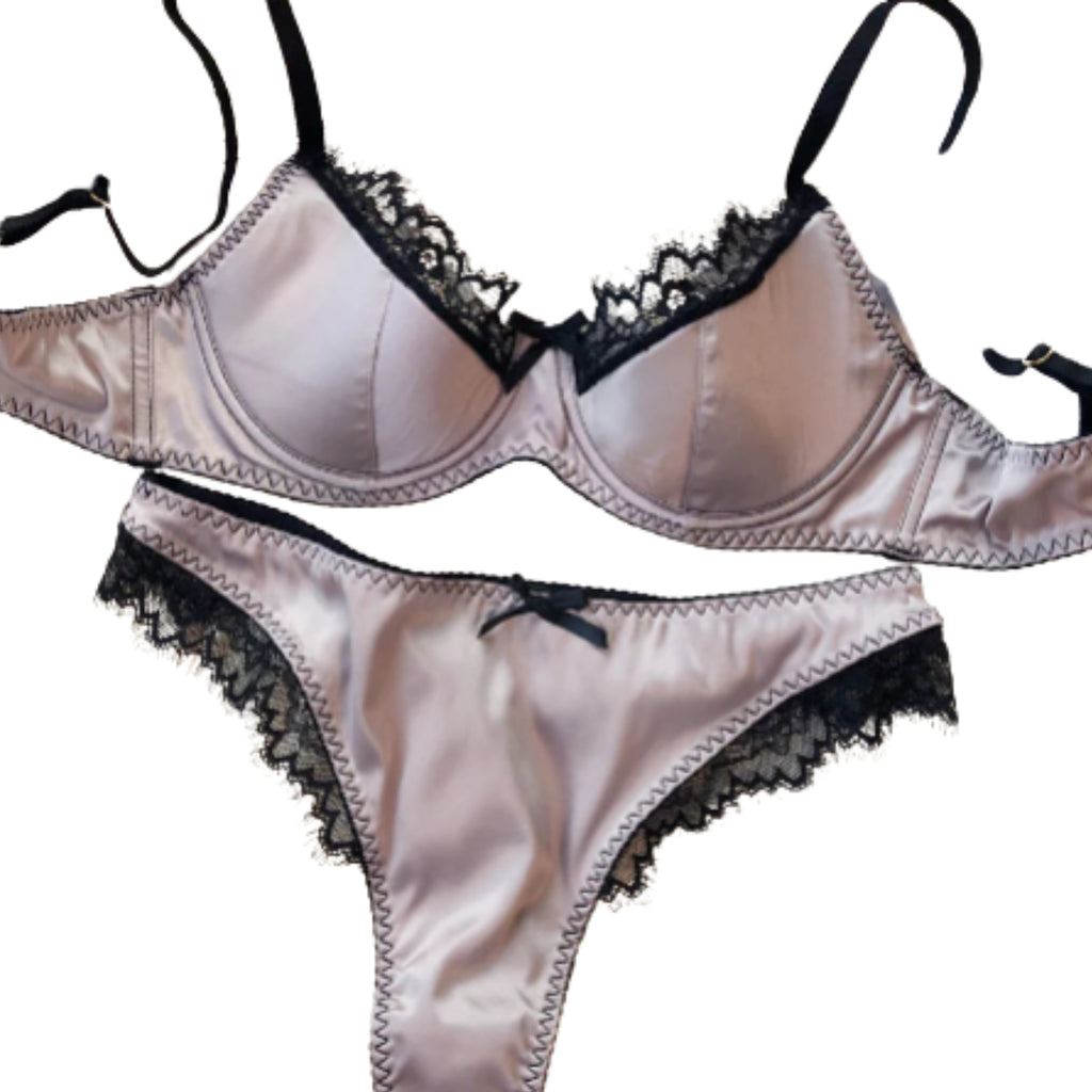 Smooth Satin-Finish Plunge Bra and Panty Set with Black Lace Trim