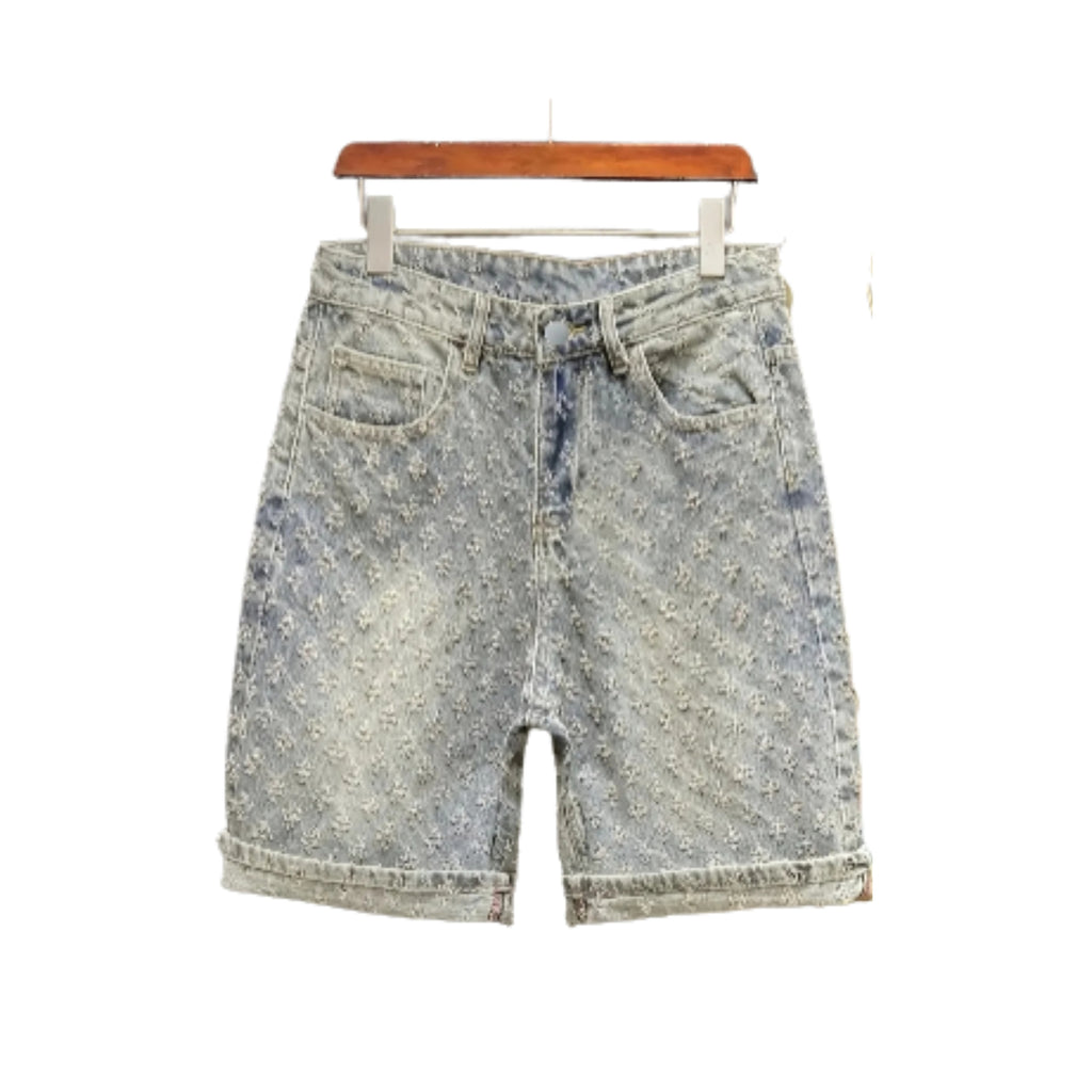 Men's Loose Fit Washed Denim Shorts with Distressed Details and Relaxed Streetwear Style