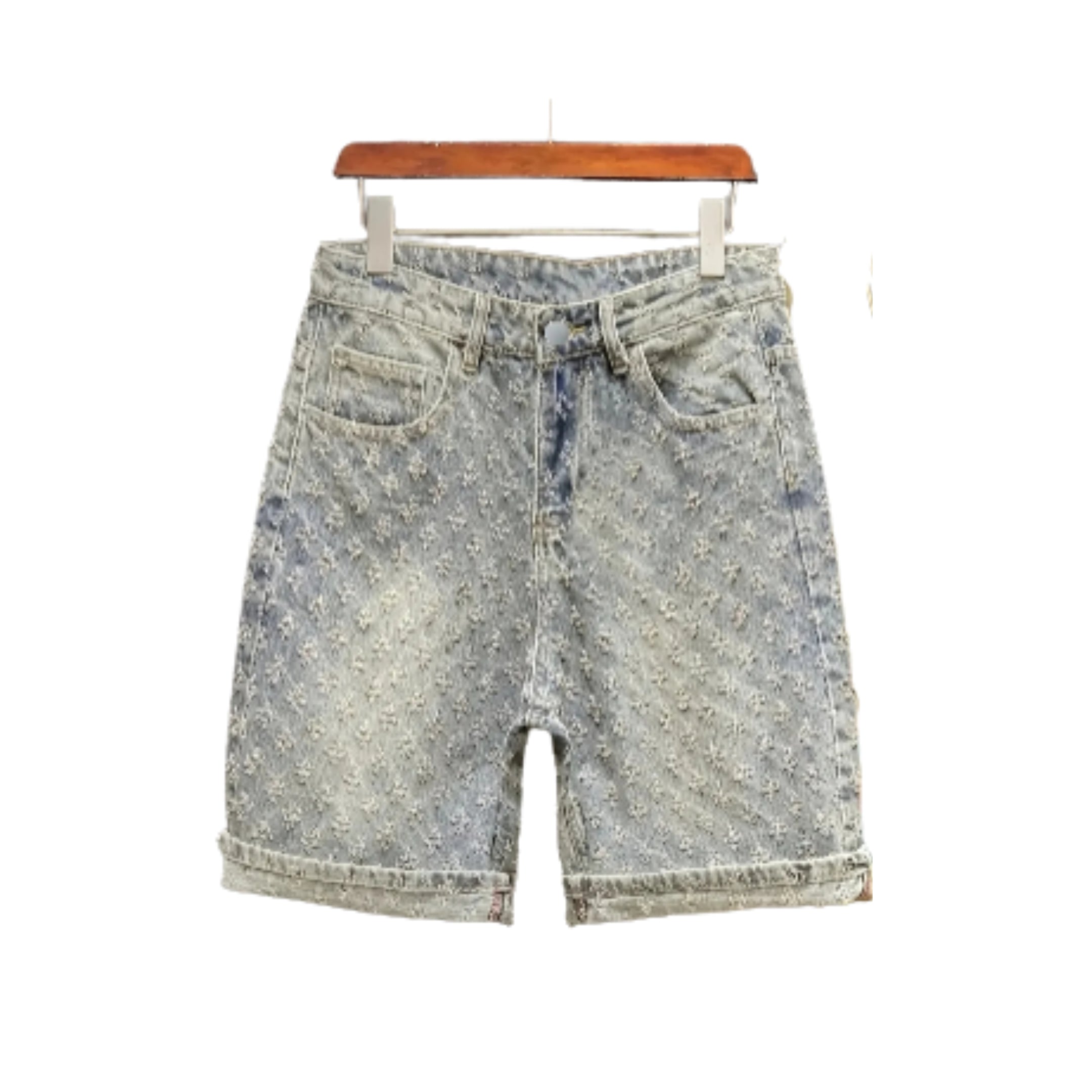 Men's Loose Fit Washed Denim Shorts with Distressed Details and Relaxed Streetwear Style
