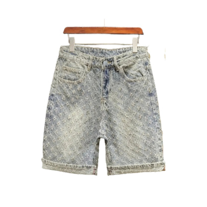 Men's Loose Fit Washed Denim Shorts with Distressed Details and Relaxed Streetwear Style