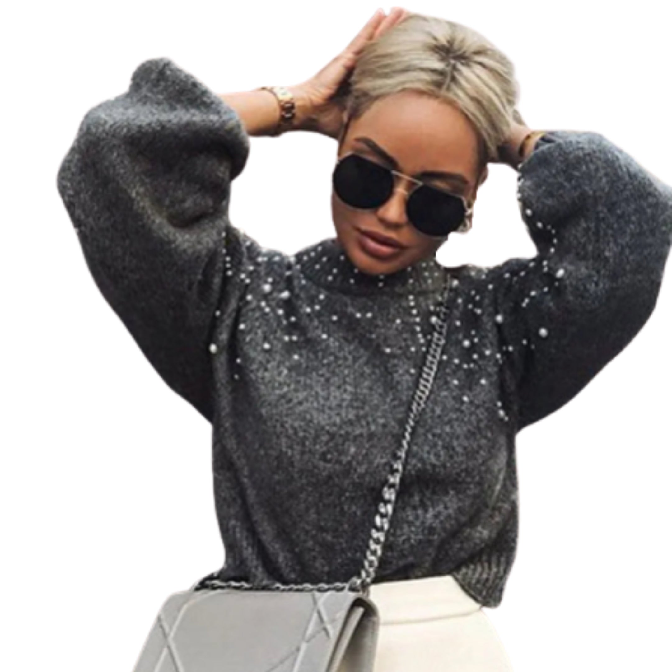 Women's Relaxed Fit Crew Neck Puff Sleeve Textured Knit Sweater