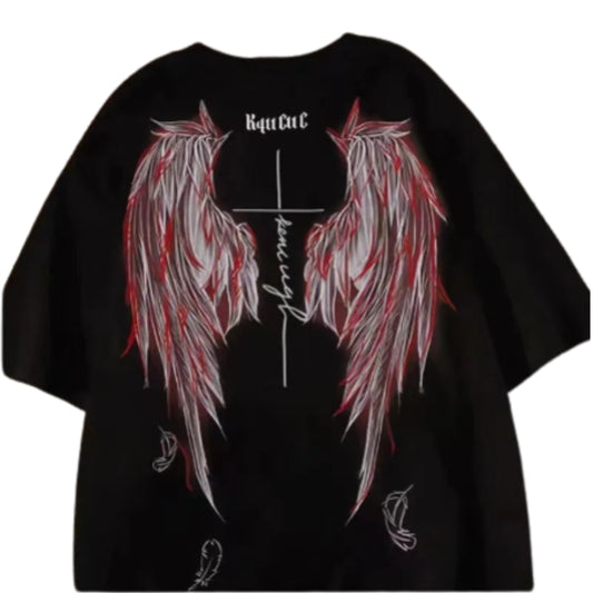 Oversized Wing Graphic Cotton T-Shirt with Vintage High Street Streetwear Design