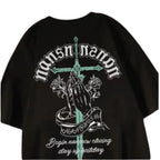 Oversized Gothic Crest Graphic Cotton T-Shirt with Vintage Streetwear Artwork