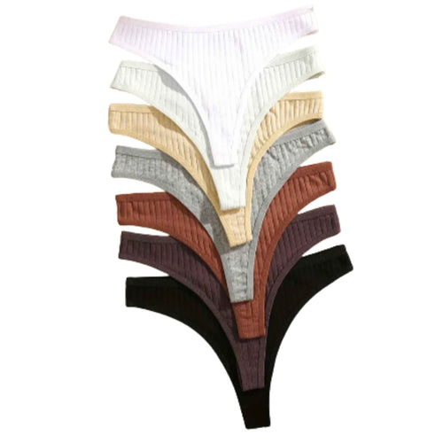 7-Piece Women’s Ribbed Low-Rise Thong Set with Solid Colors, Minimal G-String Silhouette and Soft Everyday Styling