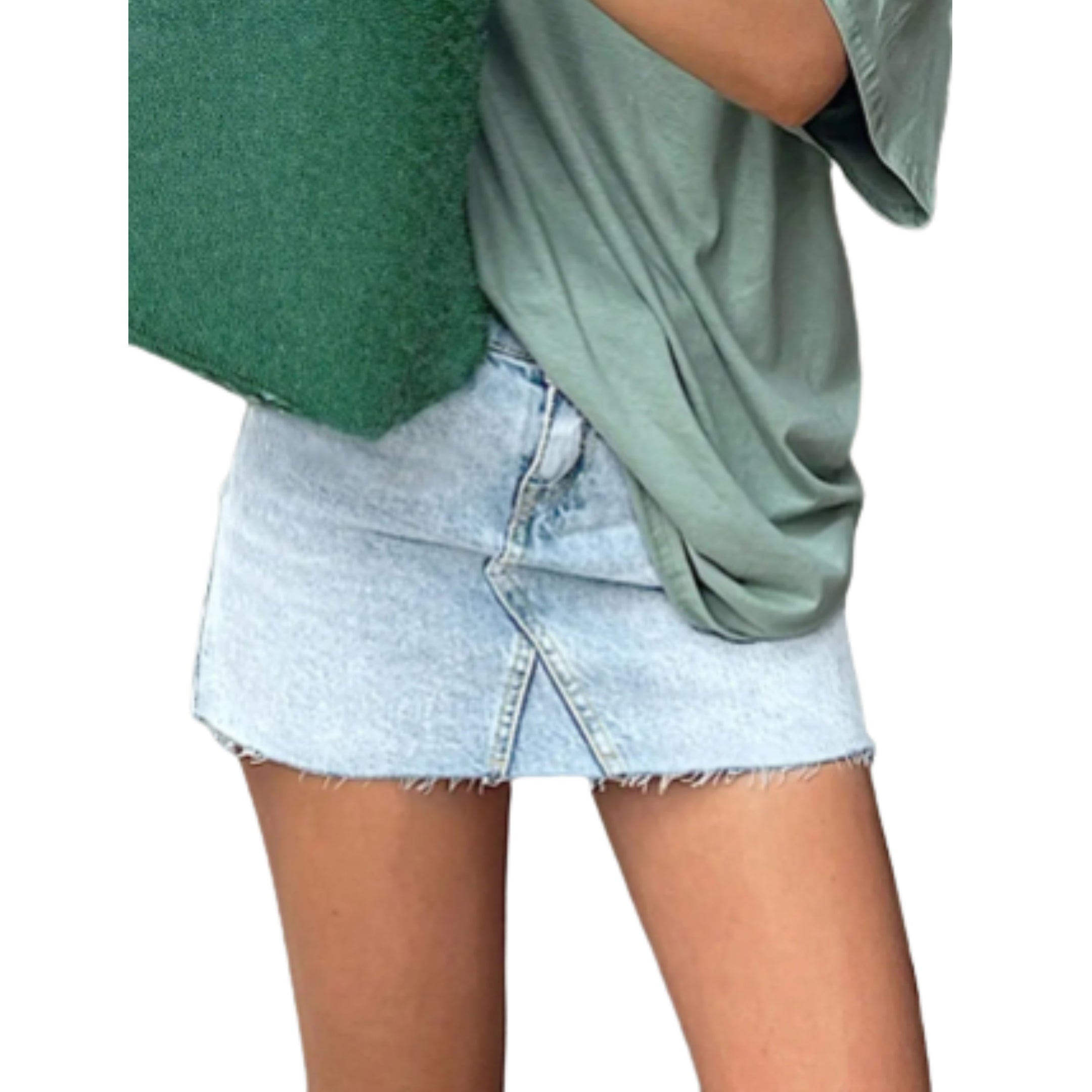 Asymmetrical Zip Distressed Denim Mini Skirt with Frayed Hem Detail