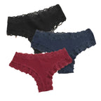 Three-Piece Ribbed Cotton-Blend Bikini Panty Set with Scalloped Lace Trim