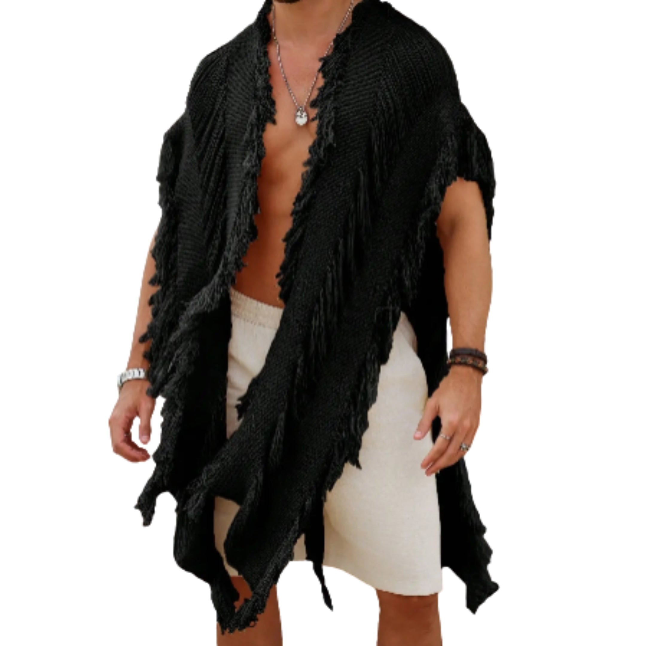Men's Fringed Sleeveless Knit Cardigan with Oversized Boho Layering Silhouette