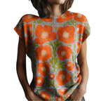 Women's Retro Floral Jacquard Knit Top with Relaxed Short Sleeve Silhouette