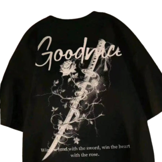 Oversized Floral Sword Graphic Cotton T-Shirt with High Street Fashion Styling