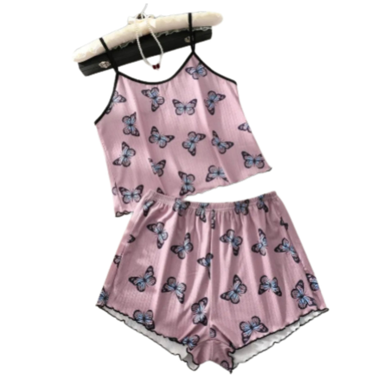 Playful Butterfly Print Two-Piece Camisole and Shorts Sleepwear Set with Contrast Trim