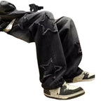 Men's Relaxed Wide Leg Denim Jeans with Star Patch Detail and Streetwear Style