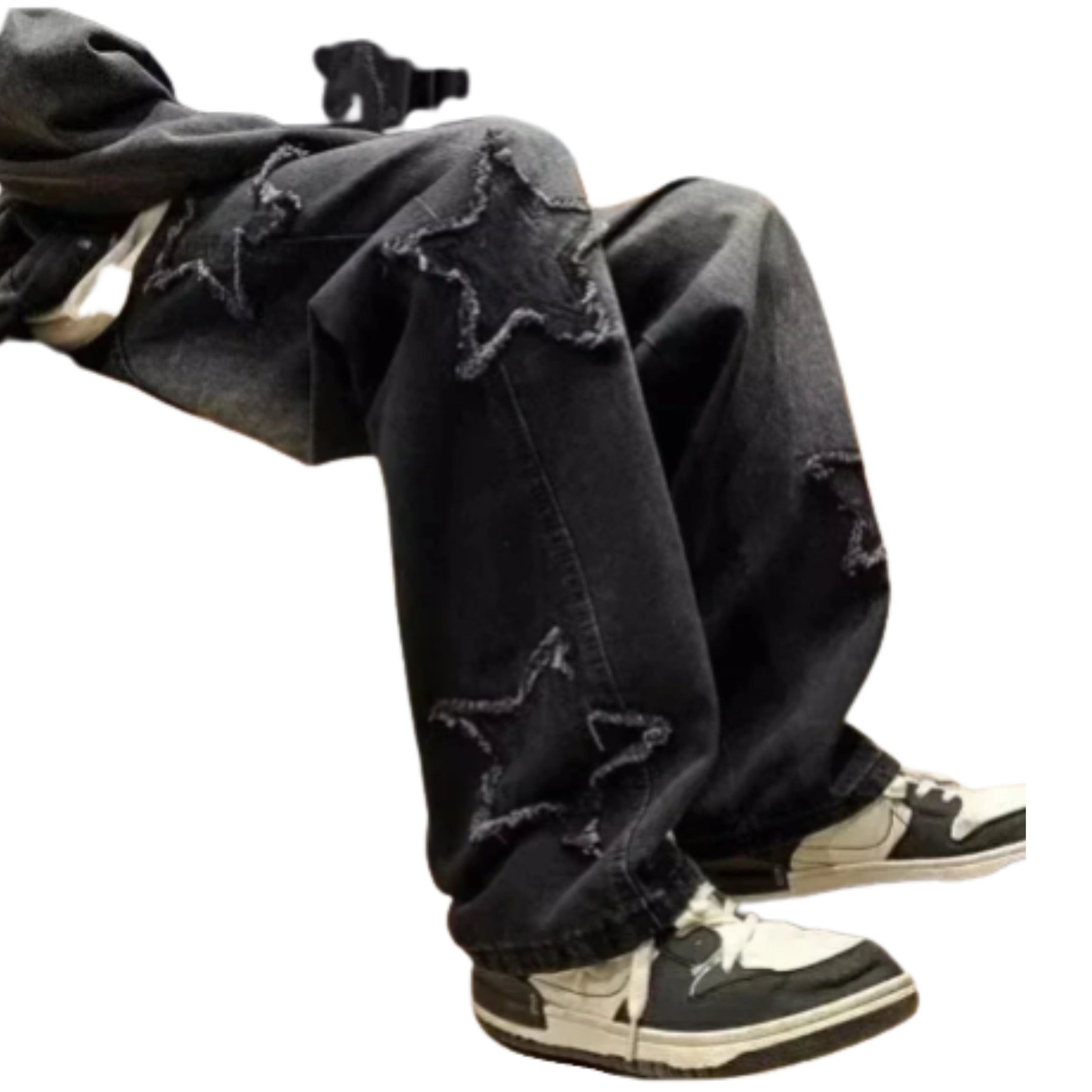 Men's Relaxed Wide Leg Denim Jeans with Star Patch Detail and Streetwear Style