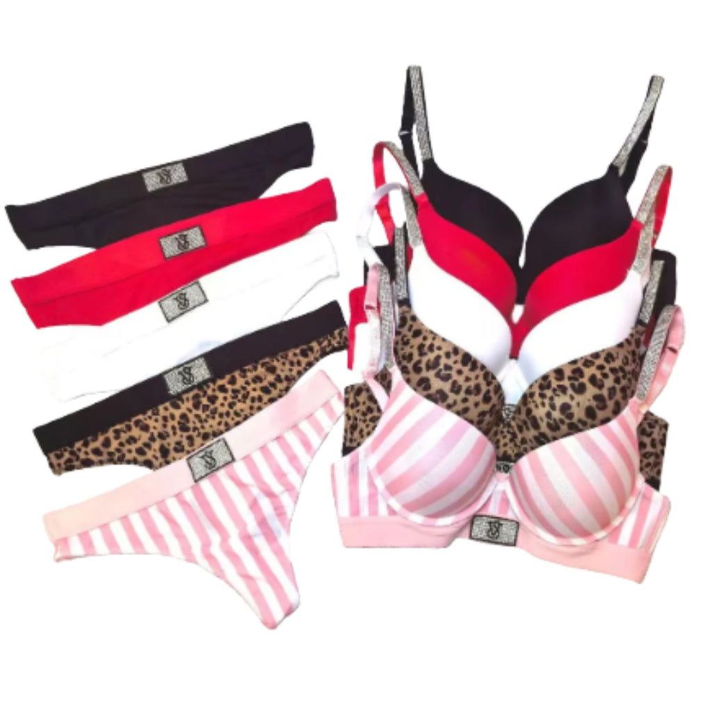 Embellished Script Strap Push-Up Bra and Coordinated Thong Set