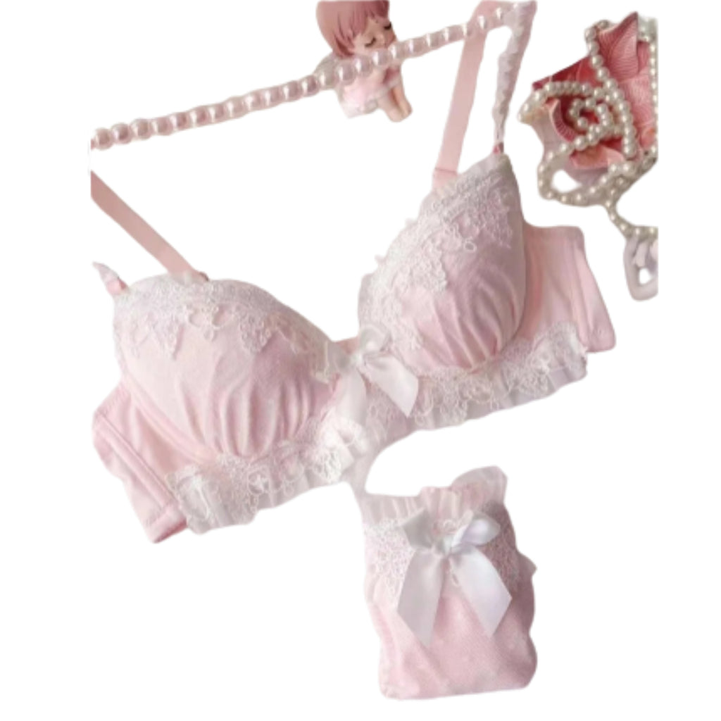 Pastel Pink Water-Soluble Lace Bra and Panty Set with Ribbon Details
