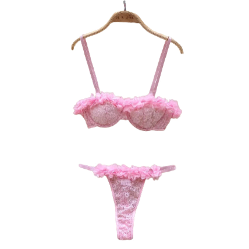 Romantic Light Pink Sheer Mesh and Tulle Ruffle Lingerie Set