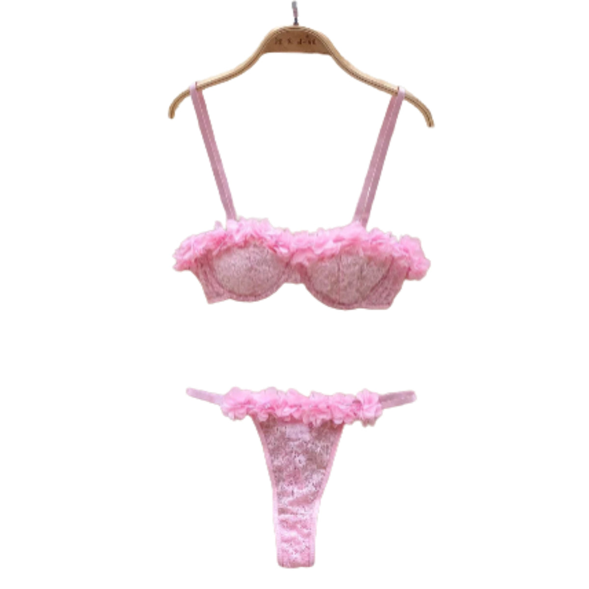 Romantic Light Pink Sheer Mesh and Tulle Ruffle Lingerie Set