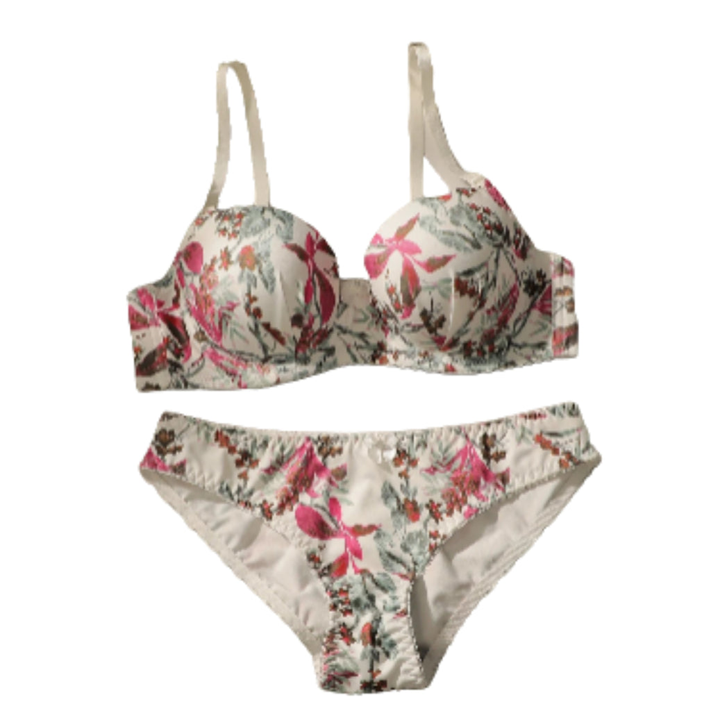 Vintage Botanical Floral Print Push-Up Bra and Brief Set