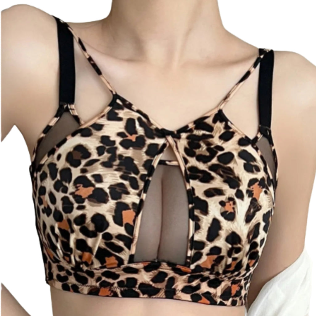Fierce Leopard Print Plunge Bra with Front Keyhole Cutout and Mesh Accents