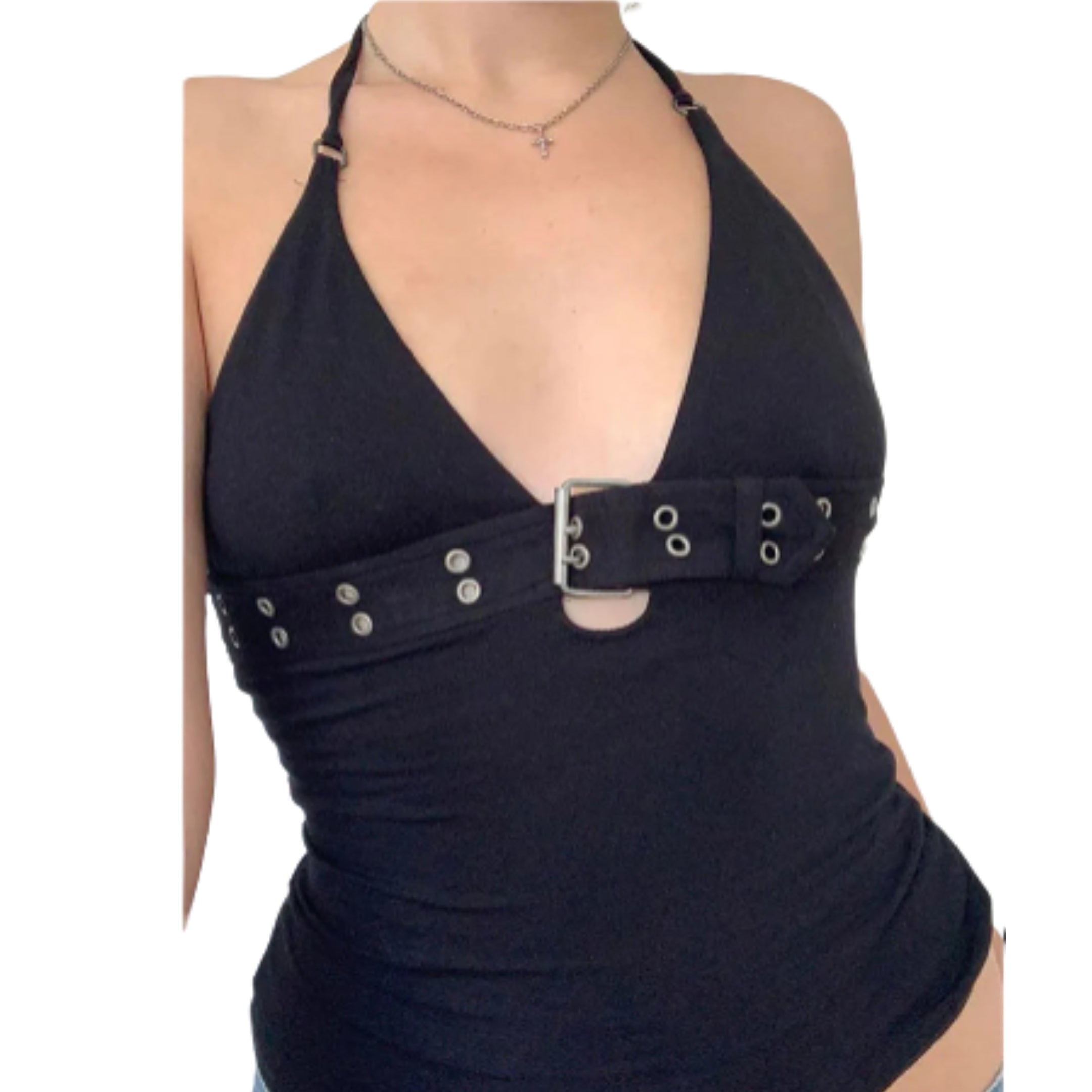 Strappy Buckle Detail Crop Top with Backless Streetwear Inspired Silhouette