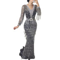 Sequin Fringe Maxi Dress with Long Sleeves and Figure-Hugging Silhouette