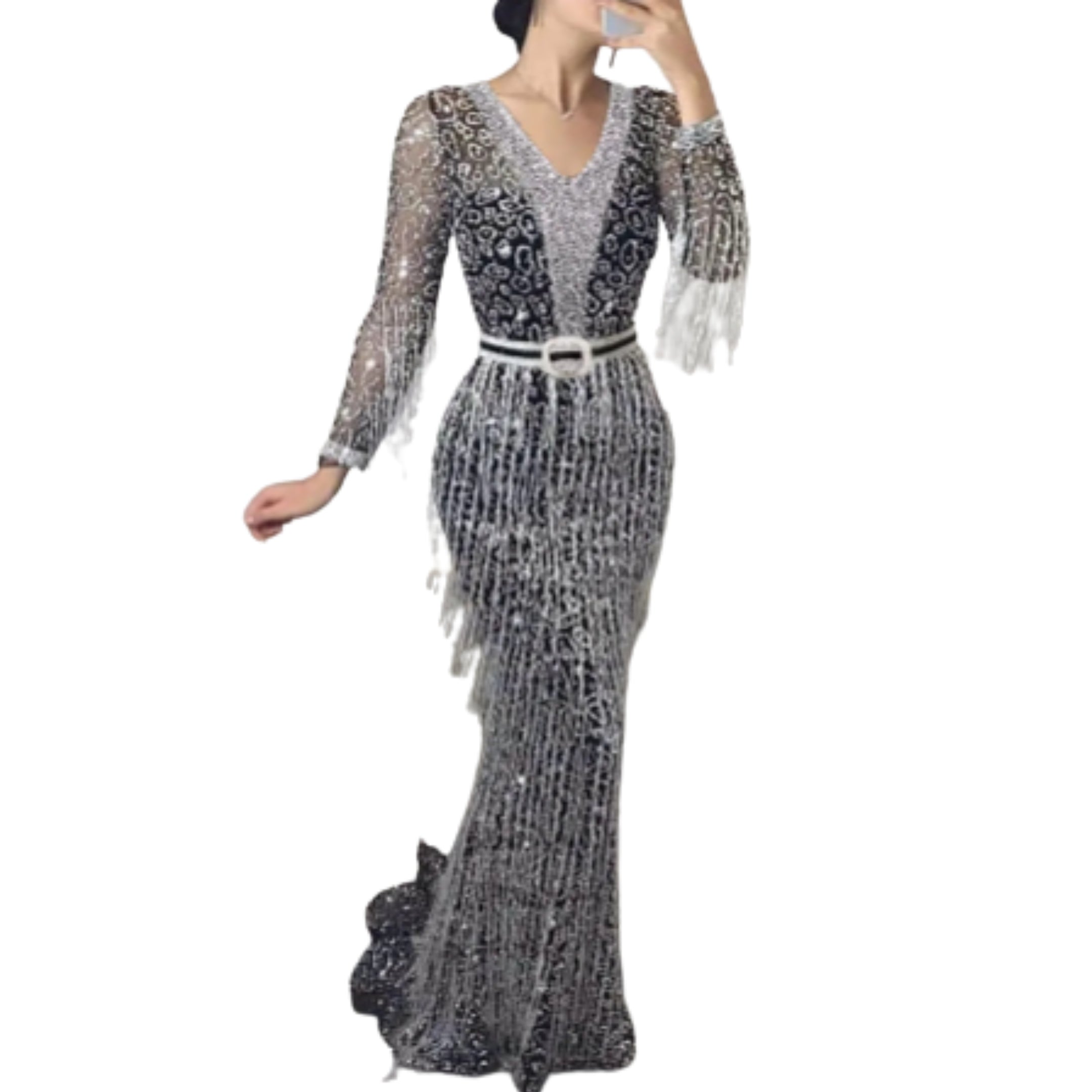 Sequin Fringe Maxi Dress with Long Sleeves and Figure-Hugging Silhouette