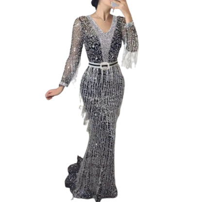 Sequin Fringe Maxi Dress with Long Sleeves and Figure-Hugging Silhouette