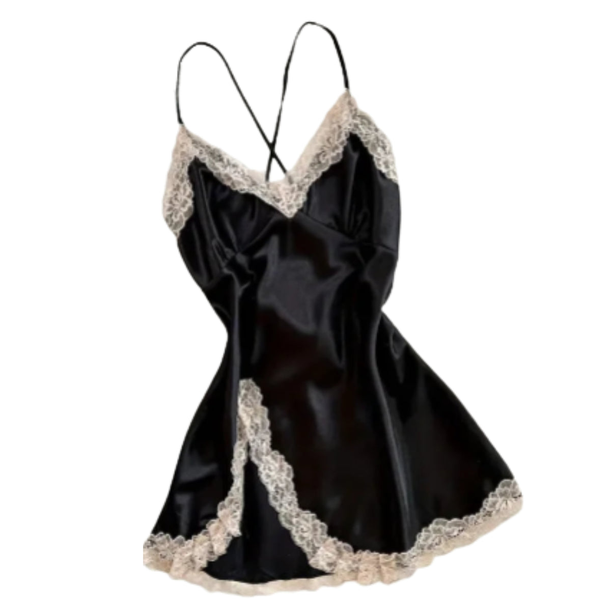 Romantic Satin-Finish Mini Slip Nightgown with Lace Trim and Criss-Cross Straps