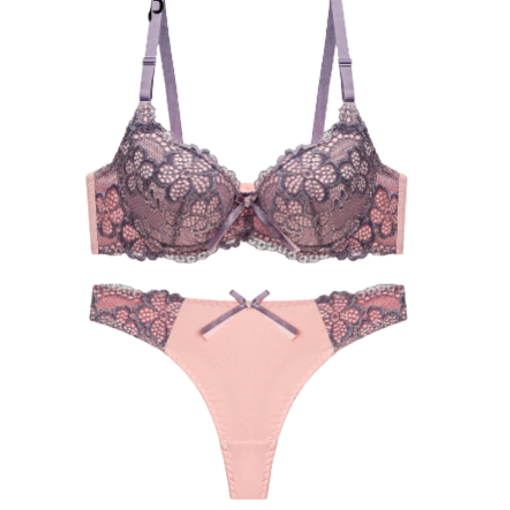 Sophisticated Two-Tone Floral Lace Push-Up Bra and Thong Ensemble