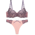 Sophisticated Two-Tone Floral Lace Push-Up Bra and Thong Ensemble
