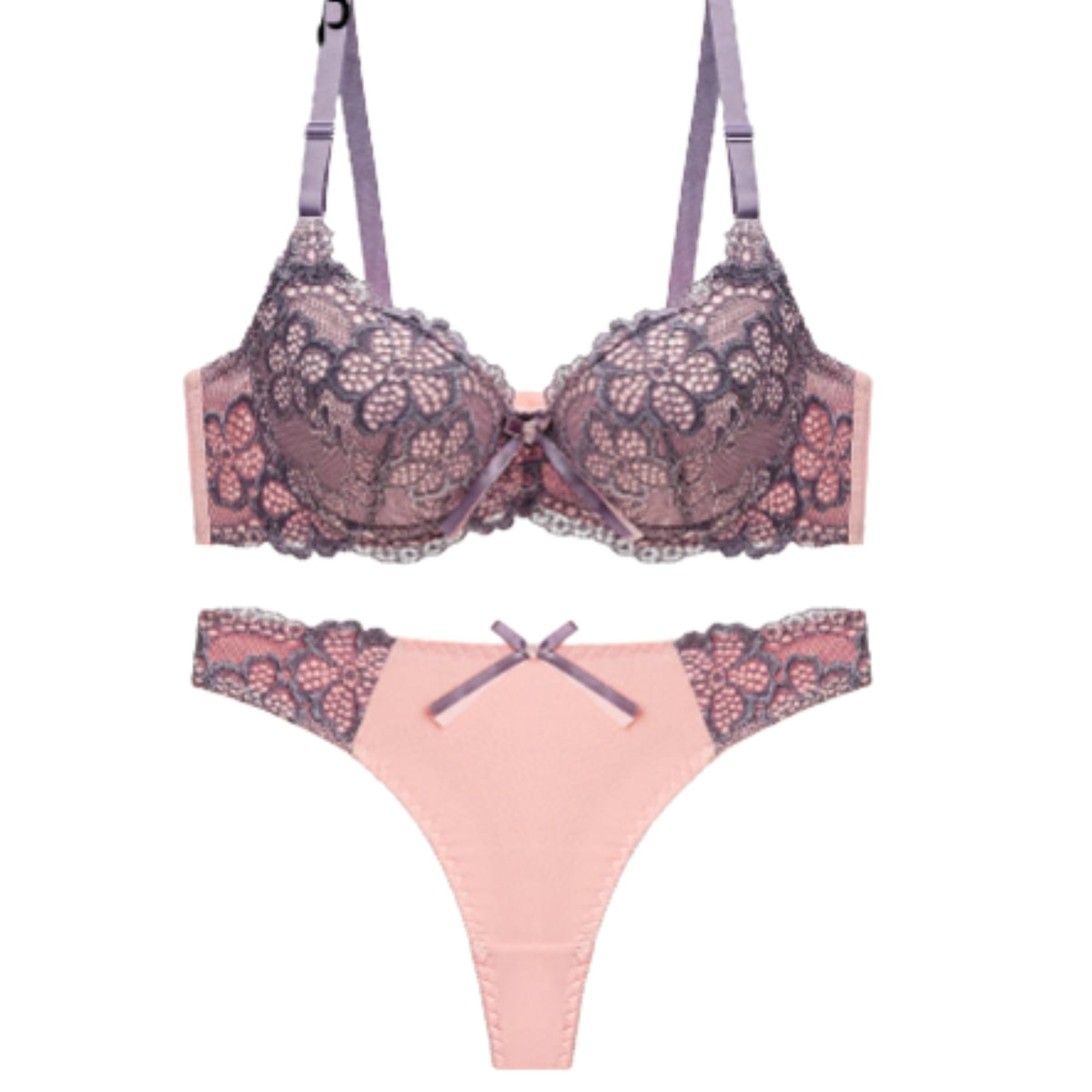 Sophisticated Two-Tone Floral Lace Push-Up Bra and Thong Ensemble
