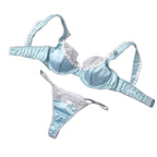 Shimmering Light Blue Satin and White Lace Underwire Demi Bra Set