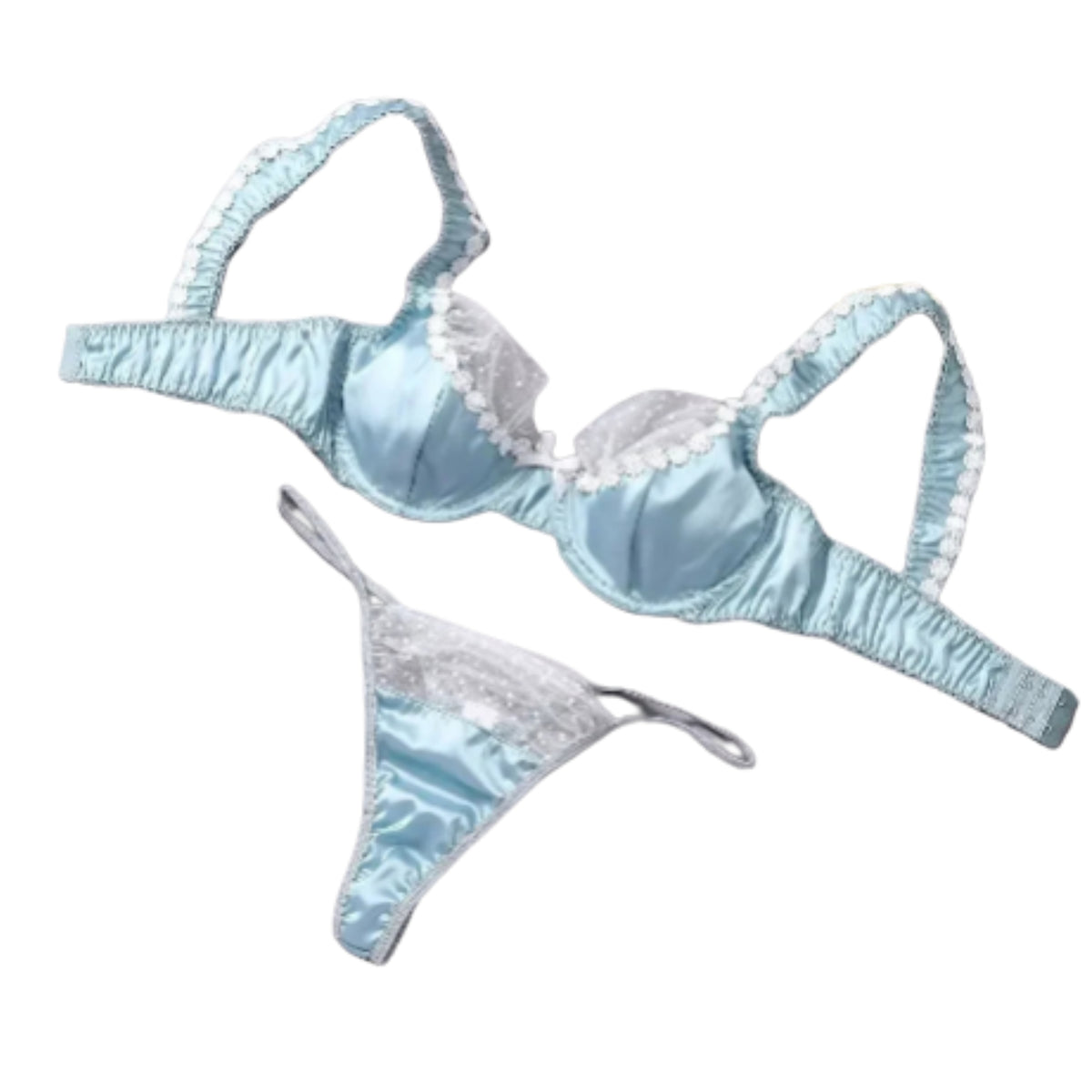 Shimmering Light Blue Satin and White Lace Underwire Demi Bra Set