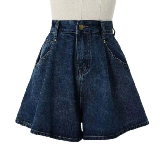Structured High Waist Denim Skort With Wide A-Line Streetwear Silhouette