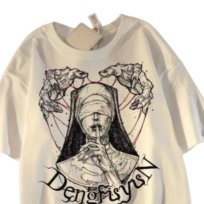 Oversized Vintage Figure Graphic Cotton T-Shirt with Gothic Streetwear Artwork