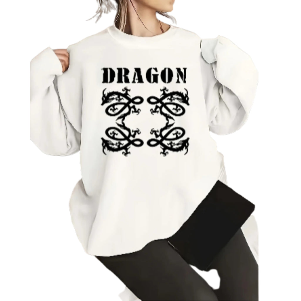 Women's Dragon Inspired Graphic Crew Neck Sweatshirt for Contemporary Casual Streetwear Fashion